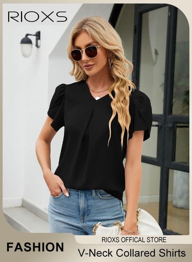 Women's Summer Casual Short, Sleeve V-Neck Collared Shirts, Fashion Loose Business Chiffon Blouses, Black