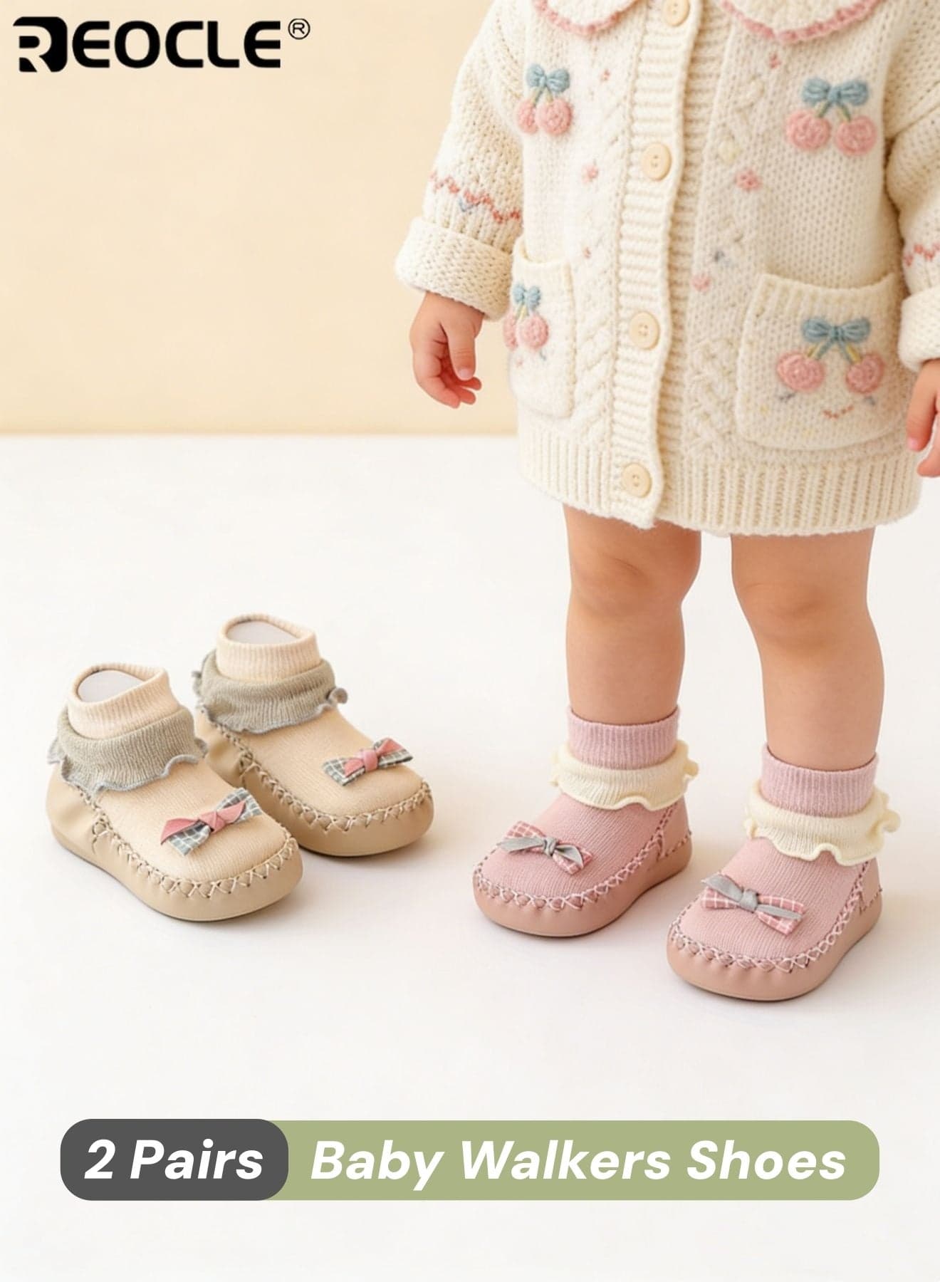 2 Pairs Soft Non-Slip Baby Walkers Shoes with Bow Accent Non-Toxic Gripping Soles for Toddlers Comfortable Toddler Footwear All-Season Infant Floor Socks for Boys and Girls