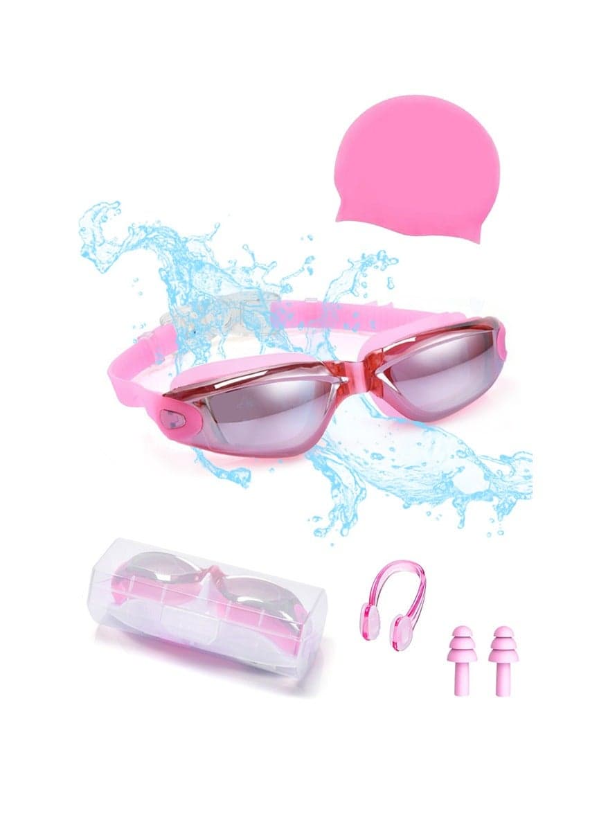 Swimming goggles, anti-fog, leak-proof, with nose clip, earplugs, swim cap and outer shell.