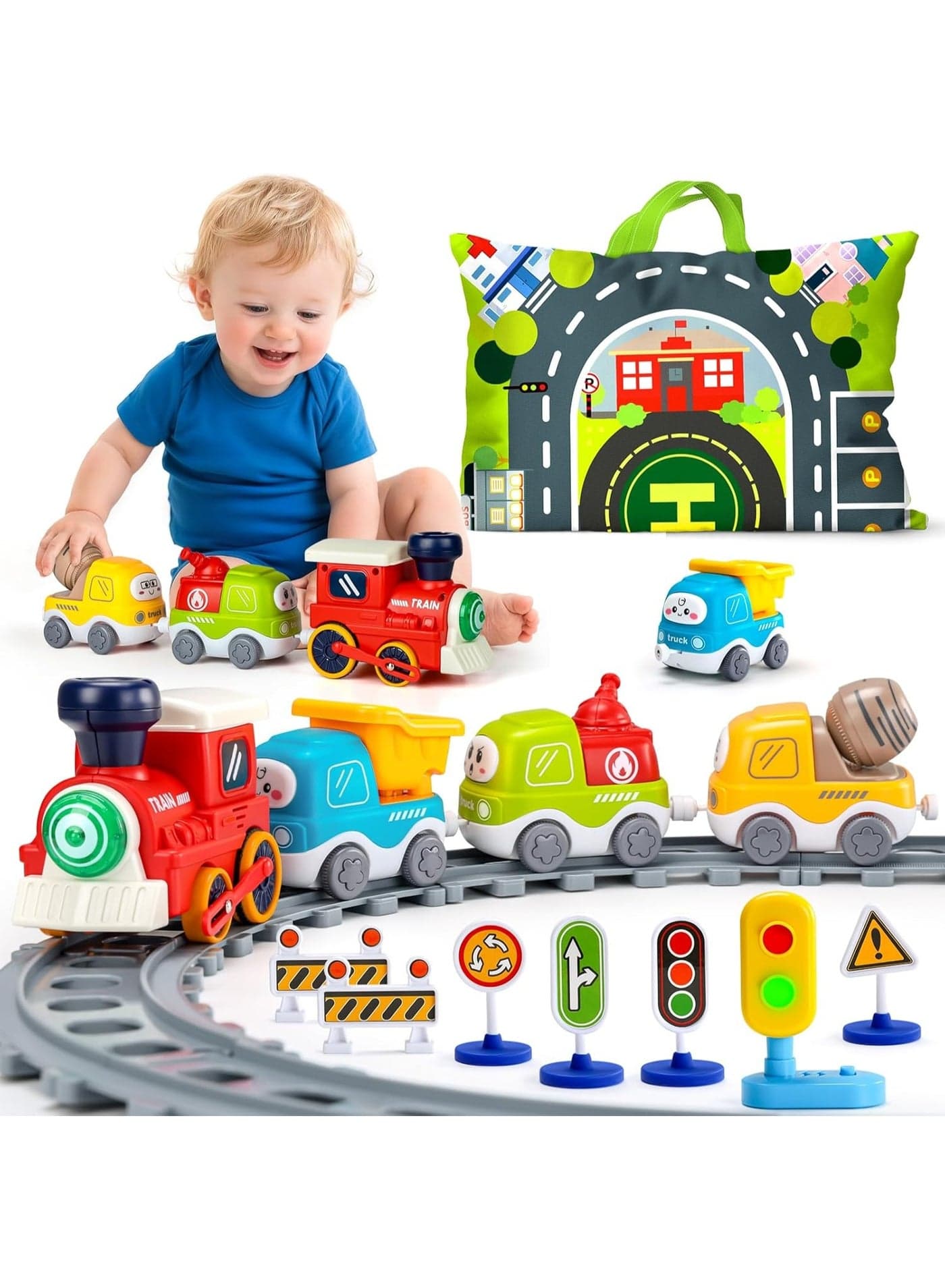 Magnetic Car Toys with Tracks & Storage Bag,Toddler Toys for Age 3-8,Electric Train Set with Steam Spray,Sound & Lights,and Road Signs,Toddler Birthday/Party/Festival Gift for 3+ Year Old Boys Girls
