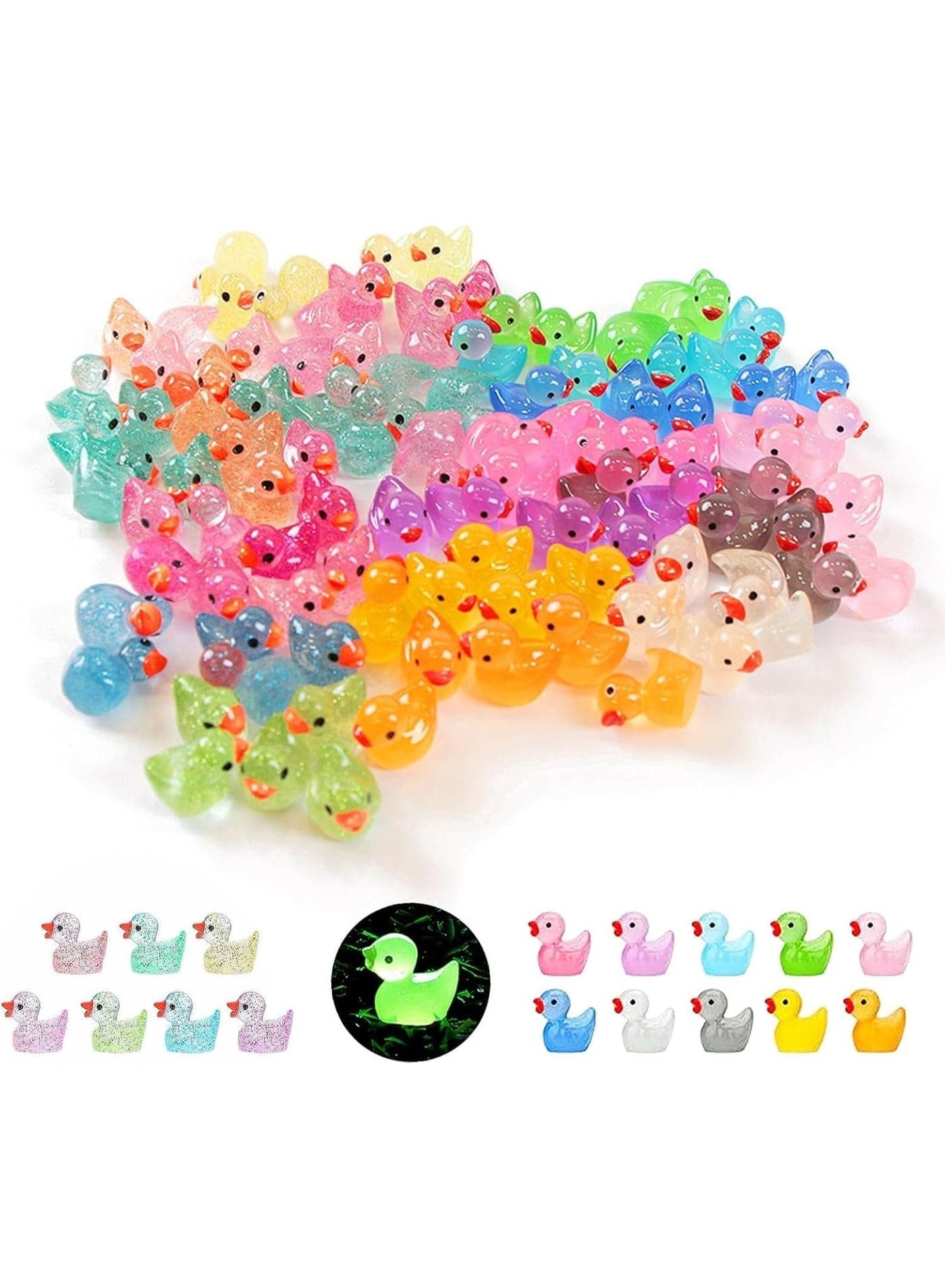 100 Pcs Mini Ducks Glitter Resin Figures, Glow In The Dark Tiny Duck Animals For Dollhouse, Aquarium, Fairy Garden Decor