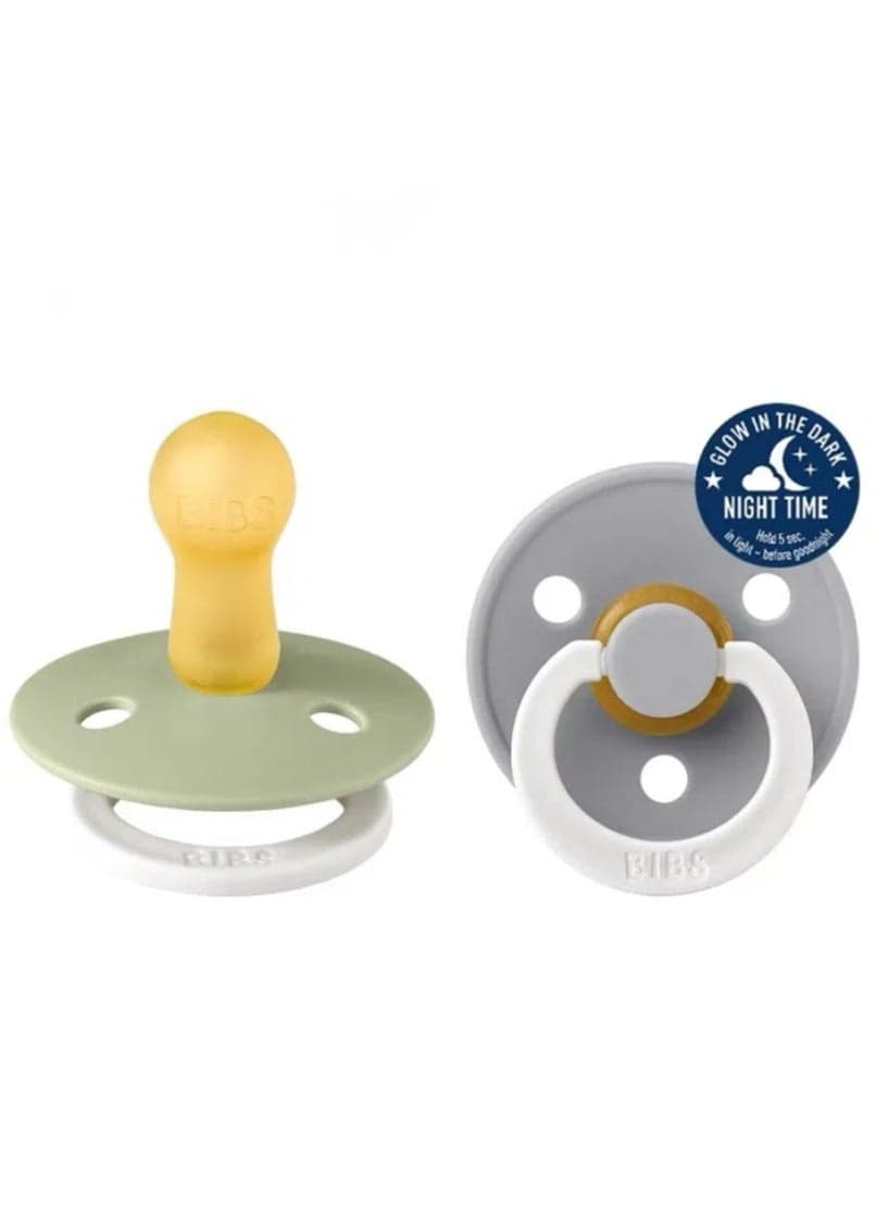 BIBS Baby Pacifiers | 2-Pack Soothers | BPA-Free Round Nipple | Made in Denmark | Super Soft Bite Resistance | Sleep Anti-Flatulence | Baby Teething Toy | Sage and Cloud(Glow-in-the-dark)