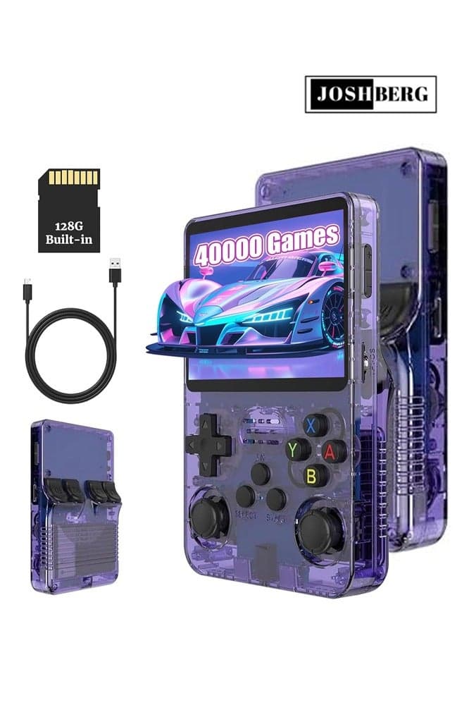 128G R36S Retro Handheld Game Console, 3.5 inch Gaming Console, Mini Retro Video Console, Dual 3D Joysticks, 11 Emulators, 15000+ Games with Dual 3D Joysticks for boys and girls,Transparent Purple