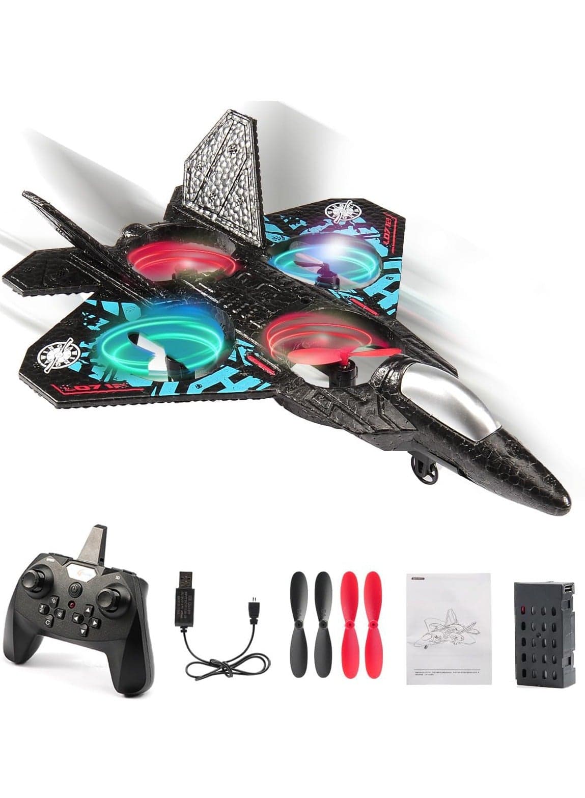 Remote Control Fighter Jet Drone with LED Lights – 6-Axis Gyro, USB Rechargeable, 360° Stunt Aircraft Toy for Kids