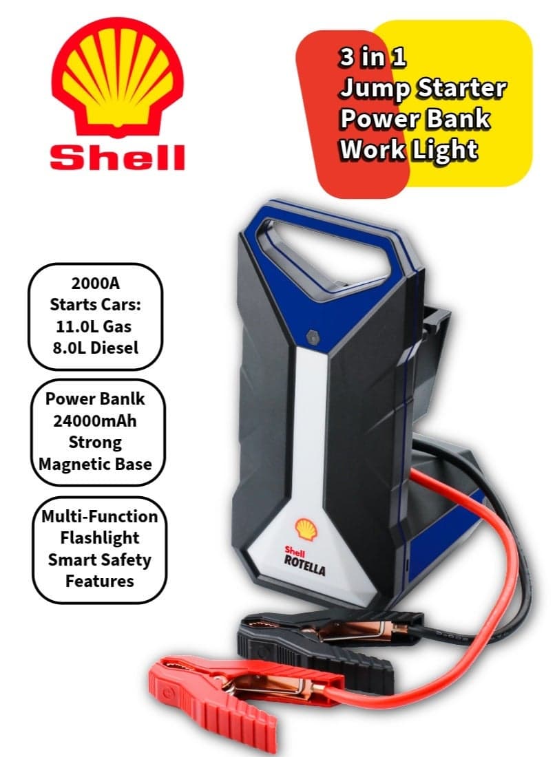 Shell Automotive Rotella 2000A Portable Car Jump Starter & 24000mAh Power Bank | Powerful Battery Booster for Cars, SUVs, Trucks & Boats with LED Light, Magnetic Base & Built-In Jumper Cables