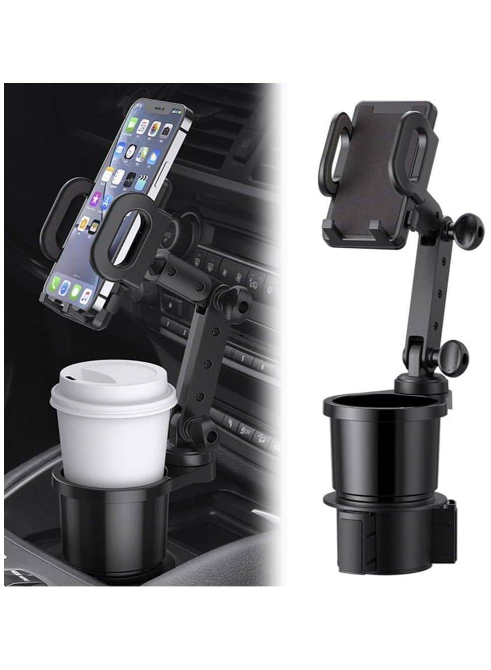 2-in-1 Car Cup Holder & Phone Mount – Universal Adjustable Auto Stand with 360° Rotation & Expandable Drink Holder – Secure Fit for Most Vehicles & Phones
