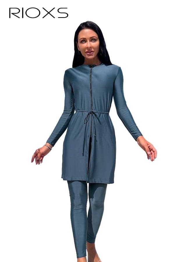 3-piece Swimwear for Women, Swimming Top+ Sun-Protective Long Pants+Long Sleeve Zippered Cover-Up with Belt, Women's Beachwear Swimsuit, Comfy UV Sun Protection Bathing Suit, Stretch Ladies Swimming Clothing for Beach/ Canoeing/ Rafting