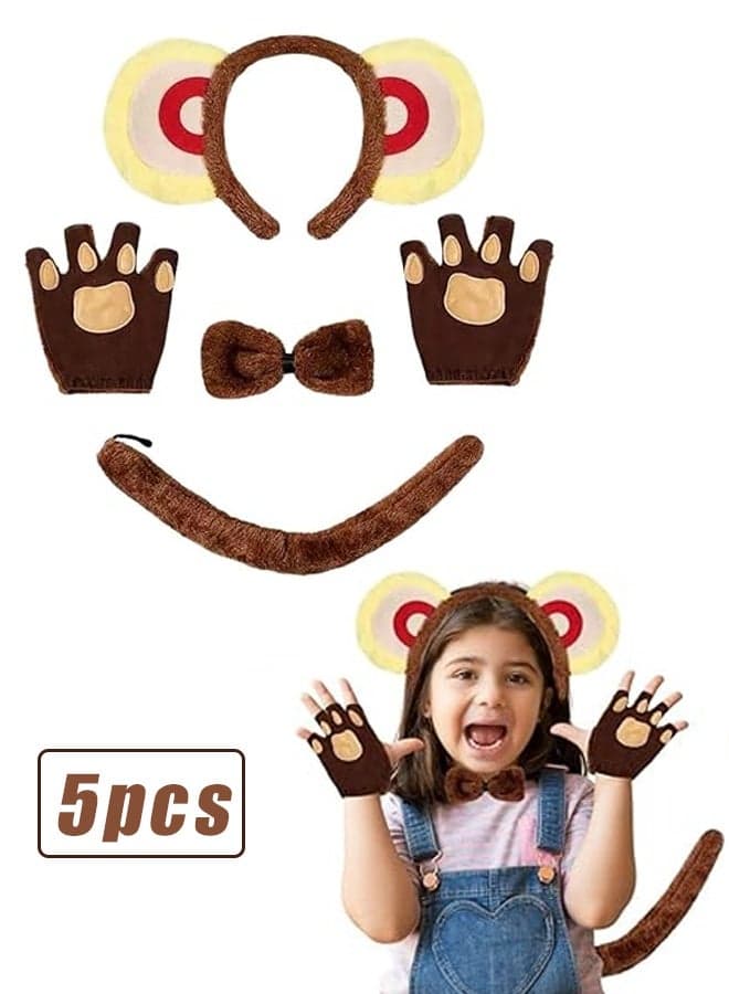 5 Pcs Monkey Costume Kit for Kids & Adults - Monkey Ears Hairband, Tail, Bowtie & Gloves for Halloween, Cosplay Parties, Stage Performances - Animal Dress-Up Accessories Set for Theme Parties