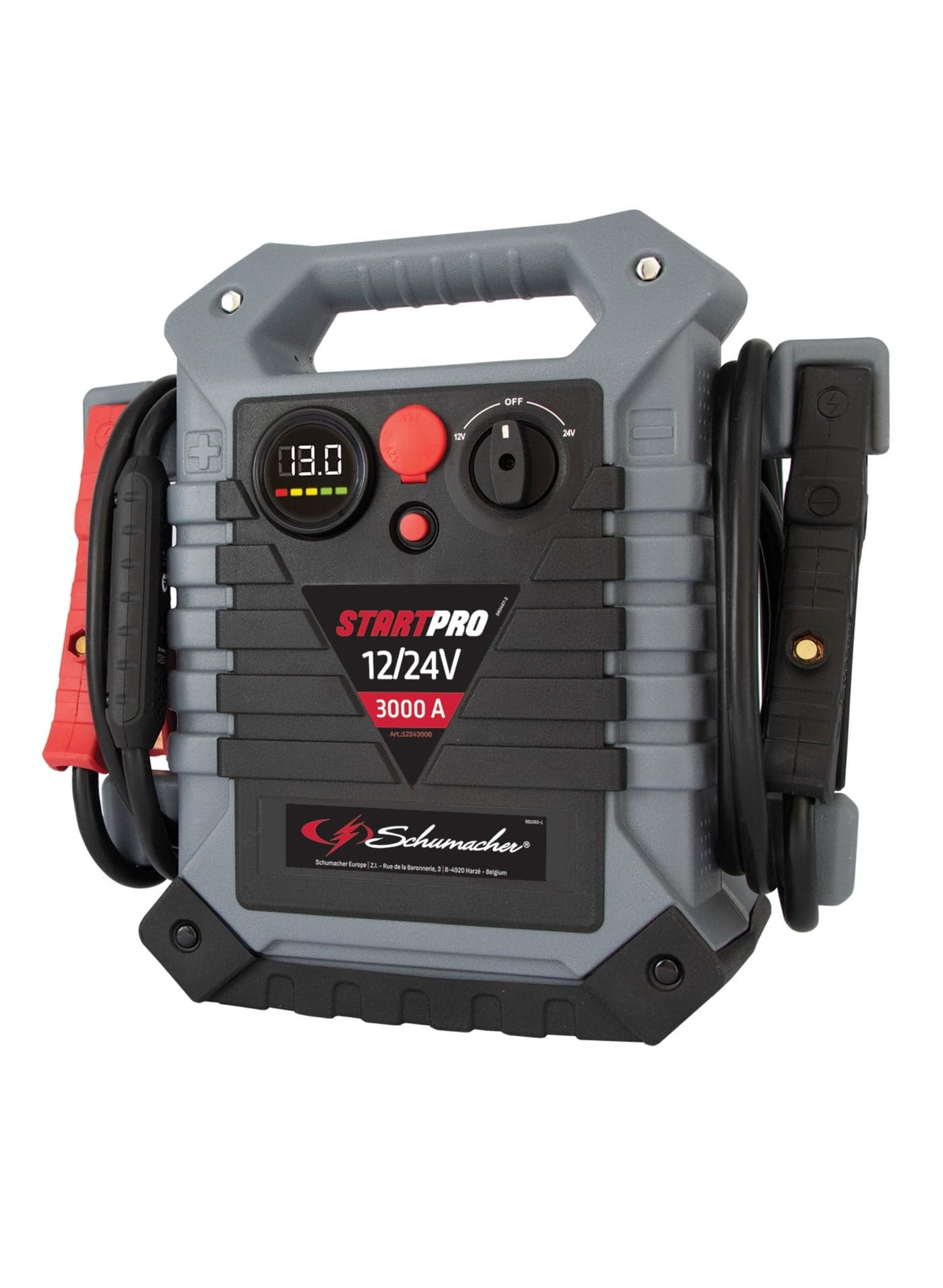 SCHUMACHER 12V/24V 1000–3000A Heavy Duty Battery Booster – Dual Battery Jump Starter with Digital Voltmeter, Fuse Protection, ON/OFF Safety Switch & Rugged Case