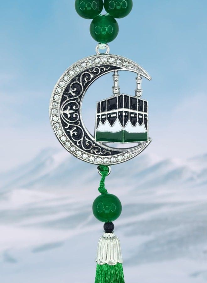 Car Pendant Metal Kaaba Mecca Set with diamonds Crescent And Star Hanging Ornaments Interior Accessories Decoration Gift For Ramadan Hajj Umrah Home Decor Prayer Beads 33 Tasbih Tasbeeh Zikr Islamic Muslim Allah Ihram Arabic Travel Carry on