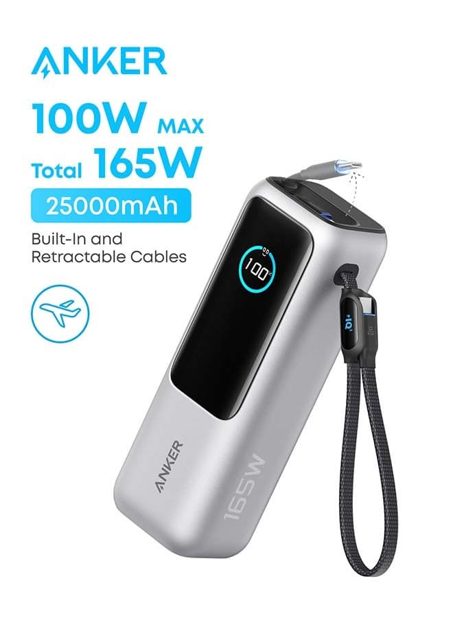 25000 mAh 25000 mAh Power Bank, 165W Ultra-Fast Portable Charger For Dual Laptops, Fast Charging Battery Pack With Built-In And Retractable Cables, For iPhone 16/15 Series, Samsung, And More - Silver Silver