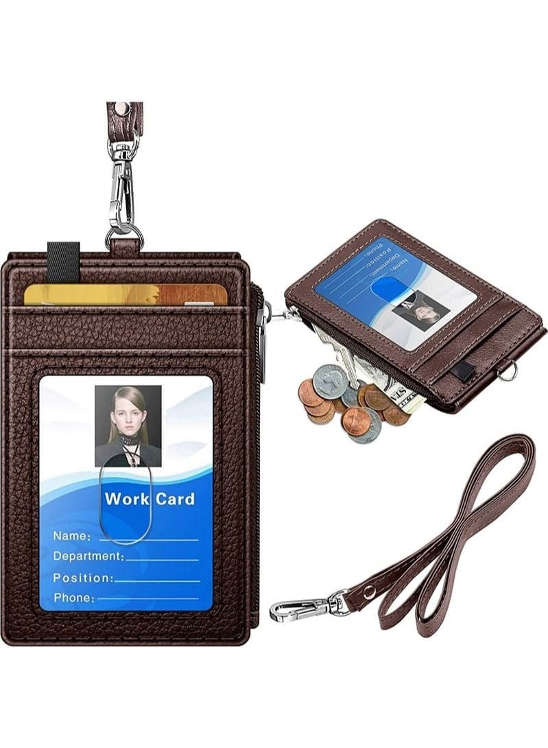 Badge Holder with Zipper, PU Leather ID Badge Card Holder Wallet with 5 Card Slots, 1 Side RFID Blocking Pocket and 20 inch Neck Lanyard Strap for Offices ID/School ID/Driver Licence