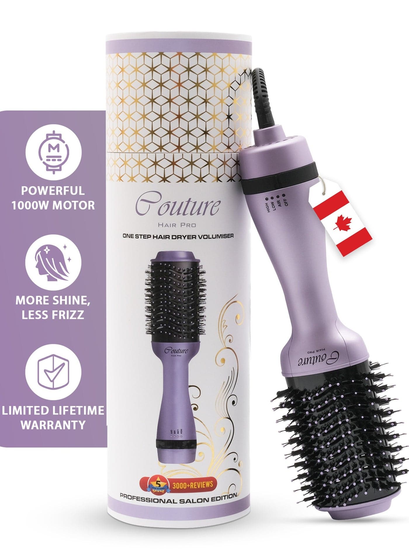 Hot Air Brush -3 In 1 Straightening Brush, Volumizer And Hair Dryer-Premium Salon Quality Lavender