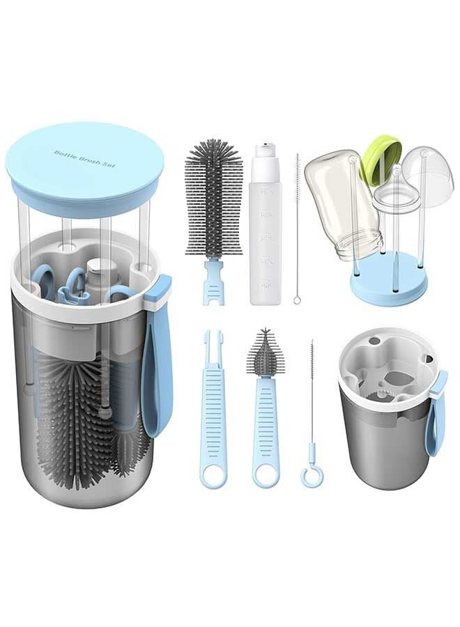 Portable Bottle Brush Cleaner Set, Travel Bottle Cleaner Kit for Baby with Silicone Bottle, Nipple and Straw Brush, Stirring Head, Soap Dispenser, Drying Rack and Storage Box, Blue