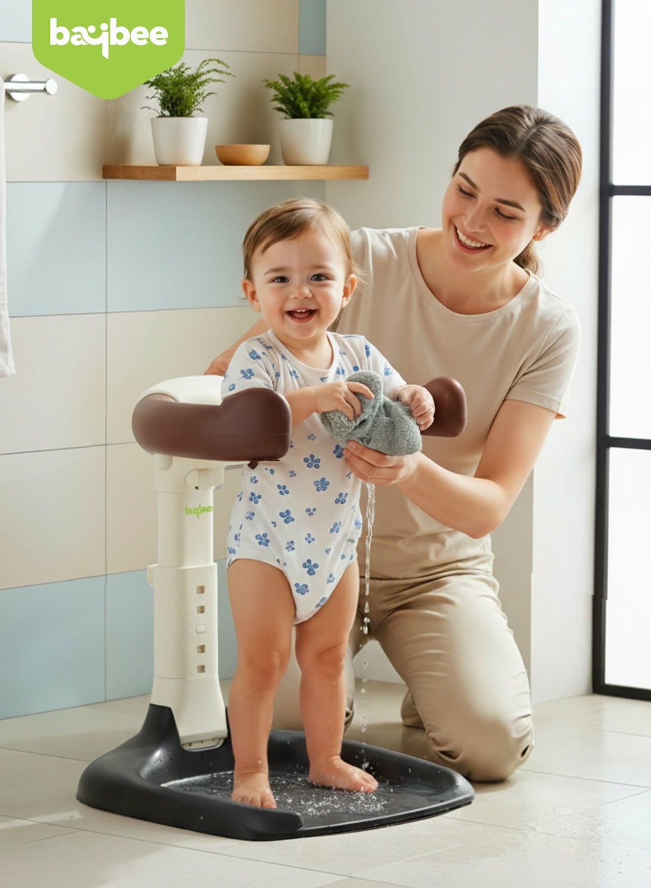 Foldable Baby Shower Stand with Huggable Bath Support, 5 level Adjustable Height, Anti Slip Base Portable Bath Helper for Infants & Toddlers Baby Bath Stand for Toddlers Baby Shower Stand Brown