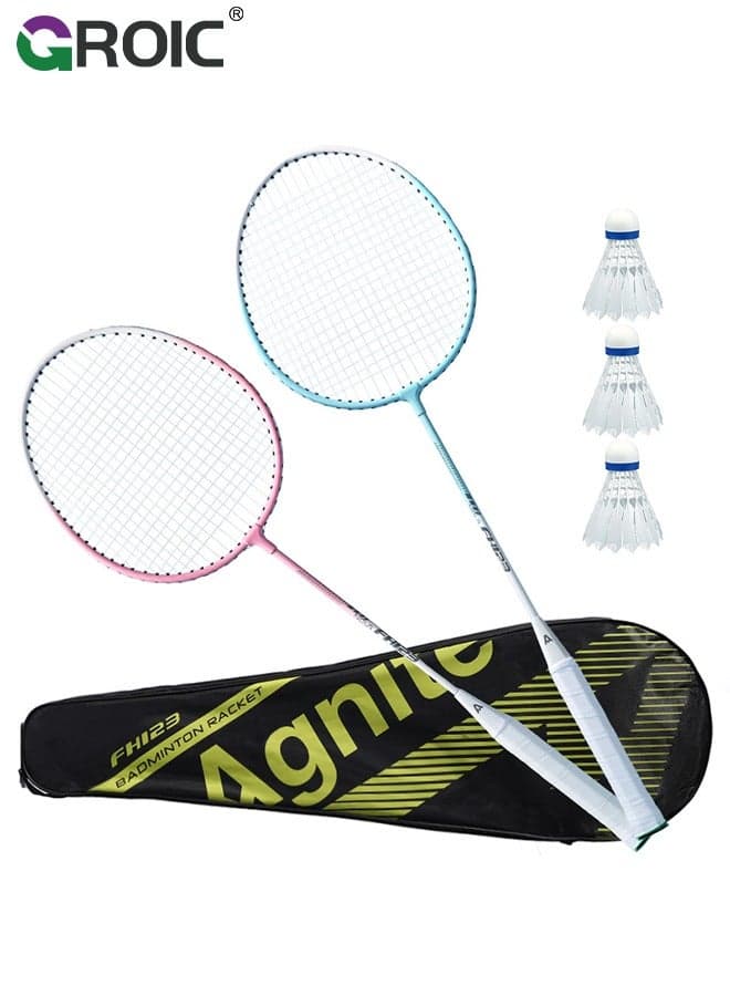 Badminton Set - 2 Badminton Rackets & 3 Badminton shuttlecocks & Carrying Bag, Professional Graphite Badminton Racket Lightweight & high Performance for Sports (Pink and Blue)