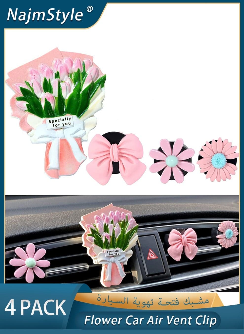 Car Flowers for Vents, 4 PCS Car Vent Air Freshener Clips, Car Decoration Car Aromatherapy Diffuser, Charm Cute Car Accessories Interior for Women and Girls, Car Decoration Flower