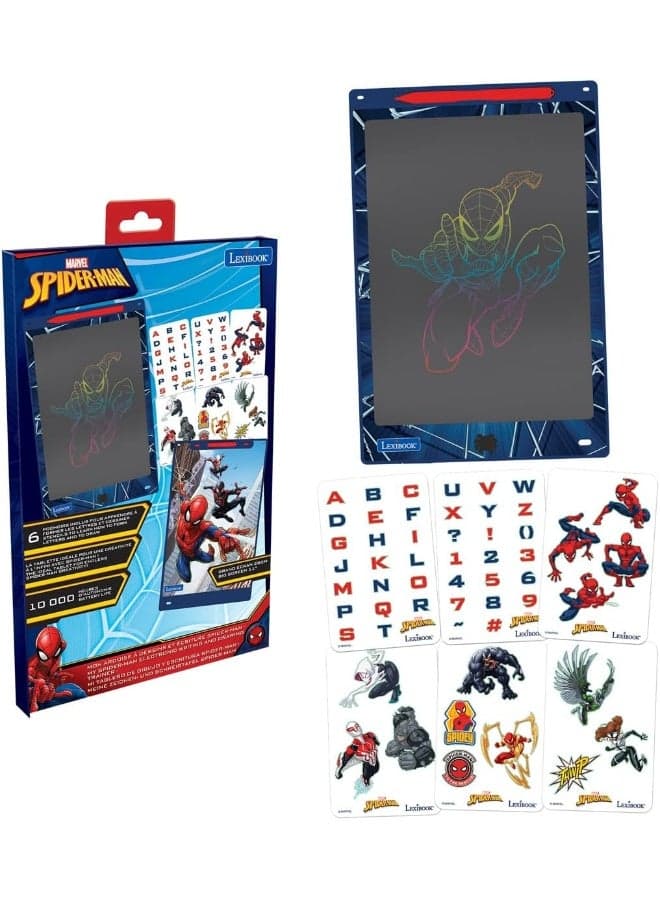 Lexibook Spider-Man Magic Slate Drawing Tablet for Kids, 11-Inch Multicolour Artistic Writing Board with Stylus and 6 Stencils, Reusable Erasable Drawing Pad, Creative Learning Toy for Boys and Girls, Portable Kids Sketch Pad Blue