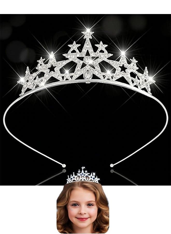 Girl's star crystal small crown silver children's princess crown with embedded rhinestones headband for birthday parties, bridal weddings, suitable for girls and children