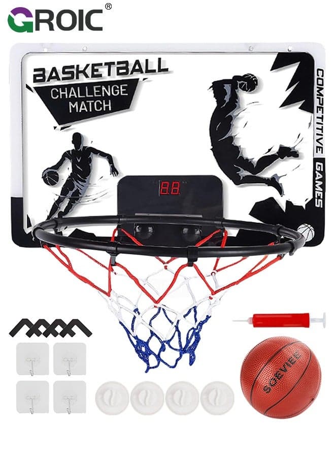 Mini Basketball Hoop with LED Light Electronic Scoreboard, 15.7" X 10.2" - Small Basketball Hoop with 1 Ball, Door/Wall Mounted Basketball Hoops Indoor Outdoor for Kids - Black