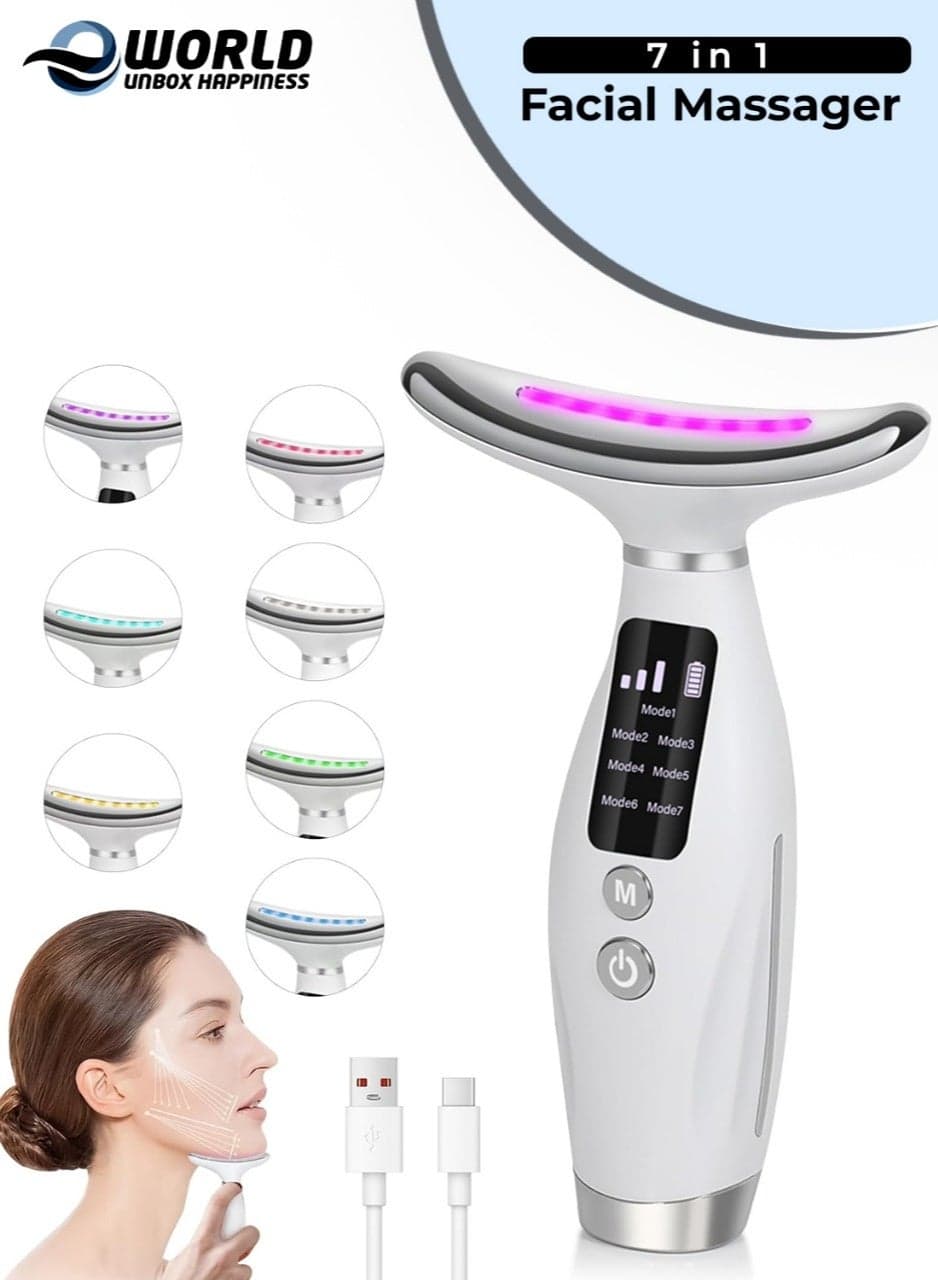 Neck Face Massager with 7 color modes LED Facial Massager with Heat 45±5°C, Microcurrent and Sonic Vibration for Anti-Aging, Wrinkle Reduction, Skin Firming & Neck Lifting