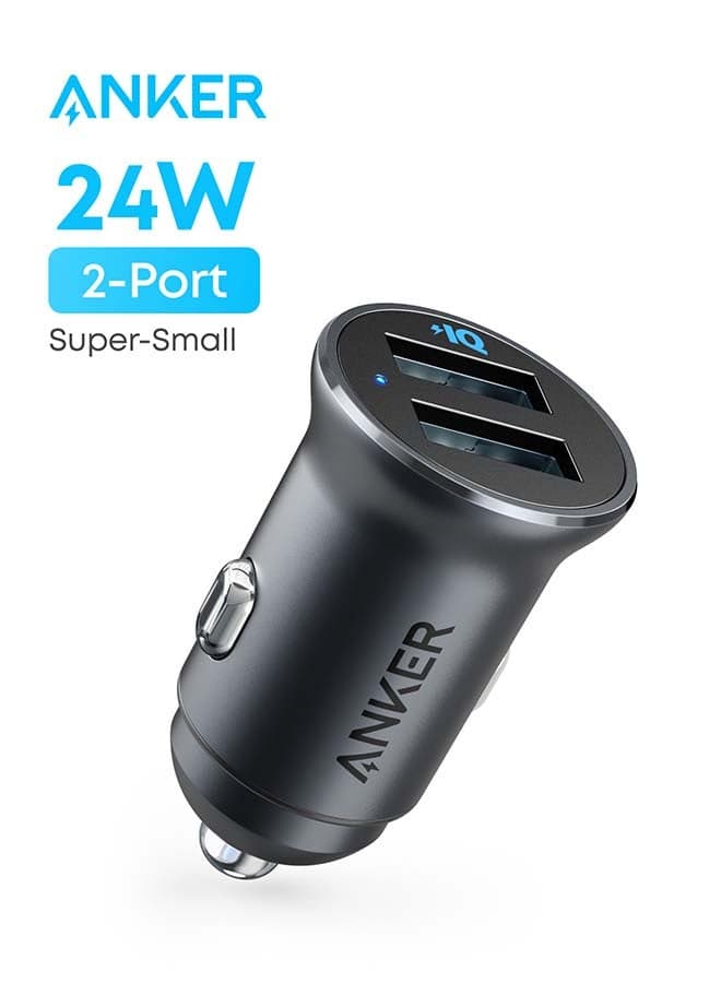 Car Charger, Mini 24W 4.8A Metal Dual USB Car Charger, PowerDrive 2 Alloy Flush Fit Car Adapter with Blue LED, for iPhone 16/15/14/13/12, Samsung, Huawei, Xiaomi, Redmi, Vivo, Oppo and More