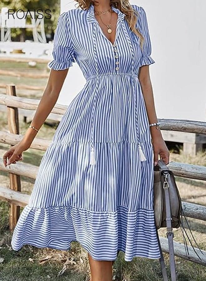 Women's Shirt Dresses Short Sleeve V Neck Midi Dress Striped Pleated Ruffle Tunic Tops Casual Dress with Button Ladies Fashion Summer Elastic Waist Dress White Blue