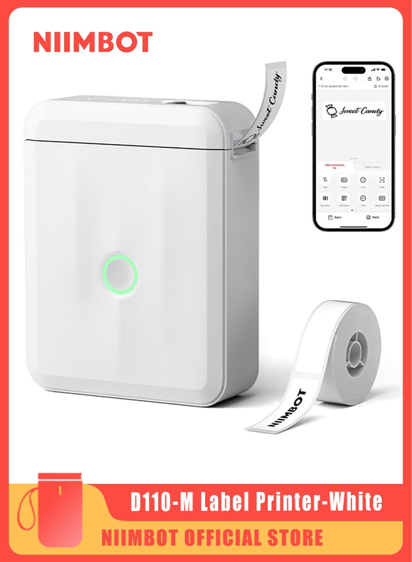 D110 Upgraded Version Mini Label Maker Machine D110-M Label Printer with 15mm Printing Width, Portable Bluetooth Thermal Printer, Sticker Maker with Multiple Templates, with 1 Roll 12*40mm White Tape for Office Organization Home Kitchen School, White