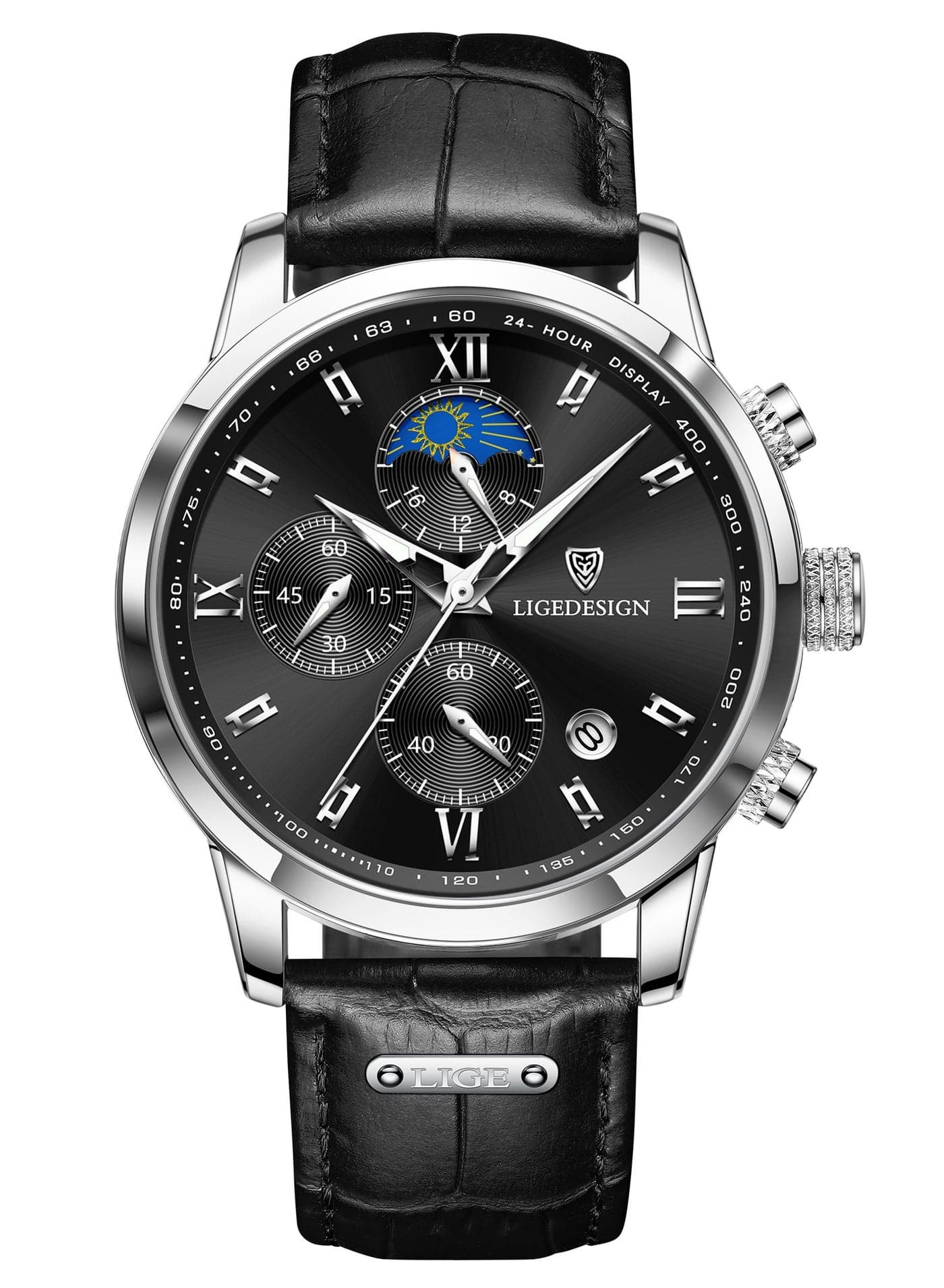 Water Resistant Watches Men's Chronograph Quartz Watch for Men Business with Luxury Leather Band Black