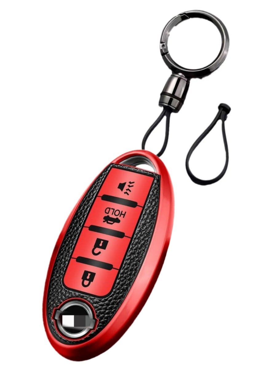 OUYoo For Nissan Key Fob Cover, for Nissan Altima Accessories Maxima Rogue Armada Pathfinder Infiniti Premium Soft TPU Full Cover Smart Remote Keyless Key,With key chain(4 Button only) (Red)