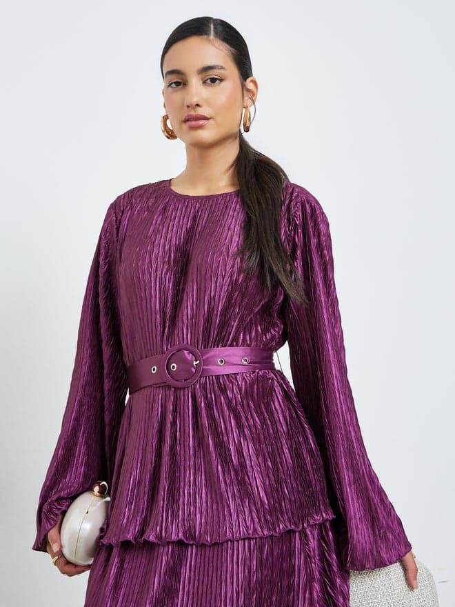 Styli Purple Plisse Blouse with Belt