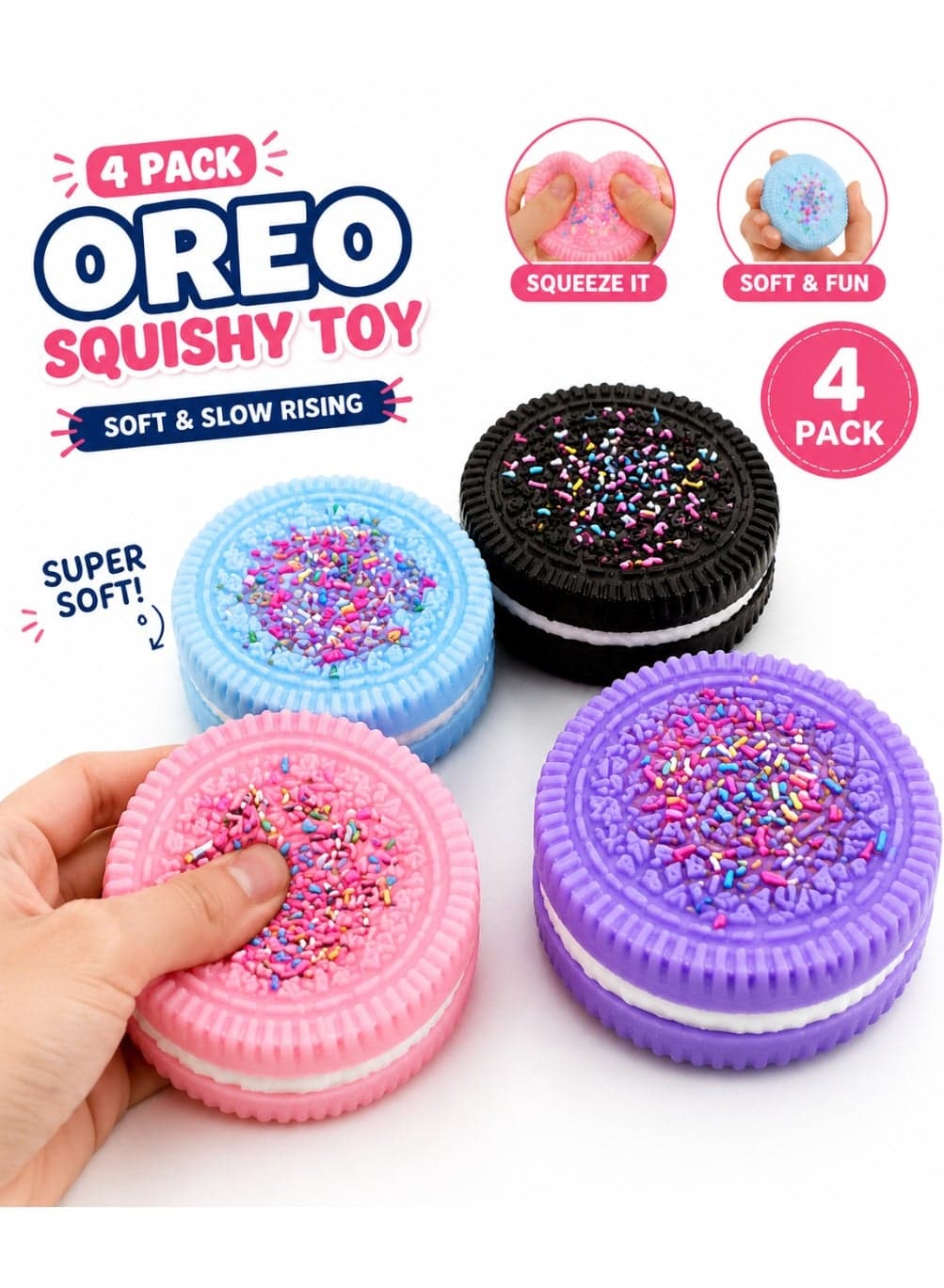 4 Pack Oreo Squishy Toy, Cute Cookie Fidget Toy with Colorful Sprinkles, Soft Slow Rising Stress Relief Sensory Toy for Kids Boys Girls