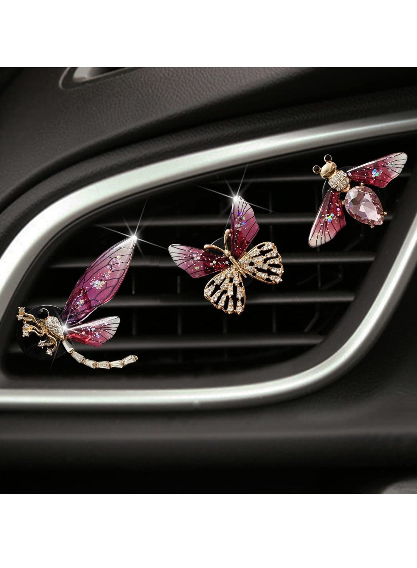 Bling Heart Air Vent Clips, 3 Pcs Bee Butterfly Dragonfly Car Air Fresheners Clips Car Diffuser Vent Clip Rhinestone Car Decoration Cute Car Interior Decor Bling Car Accessories for Women