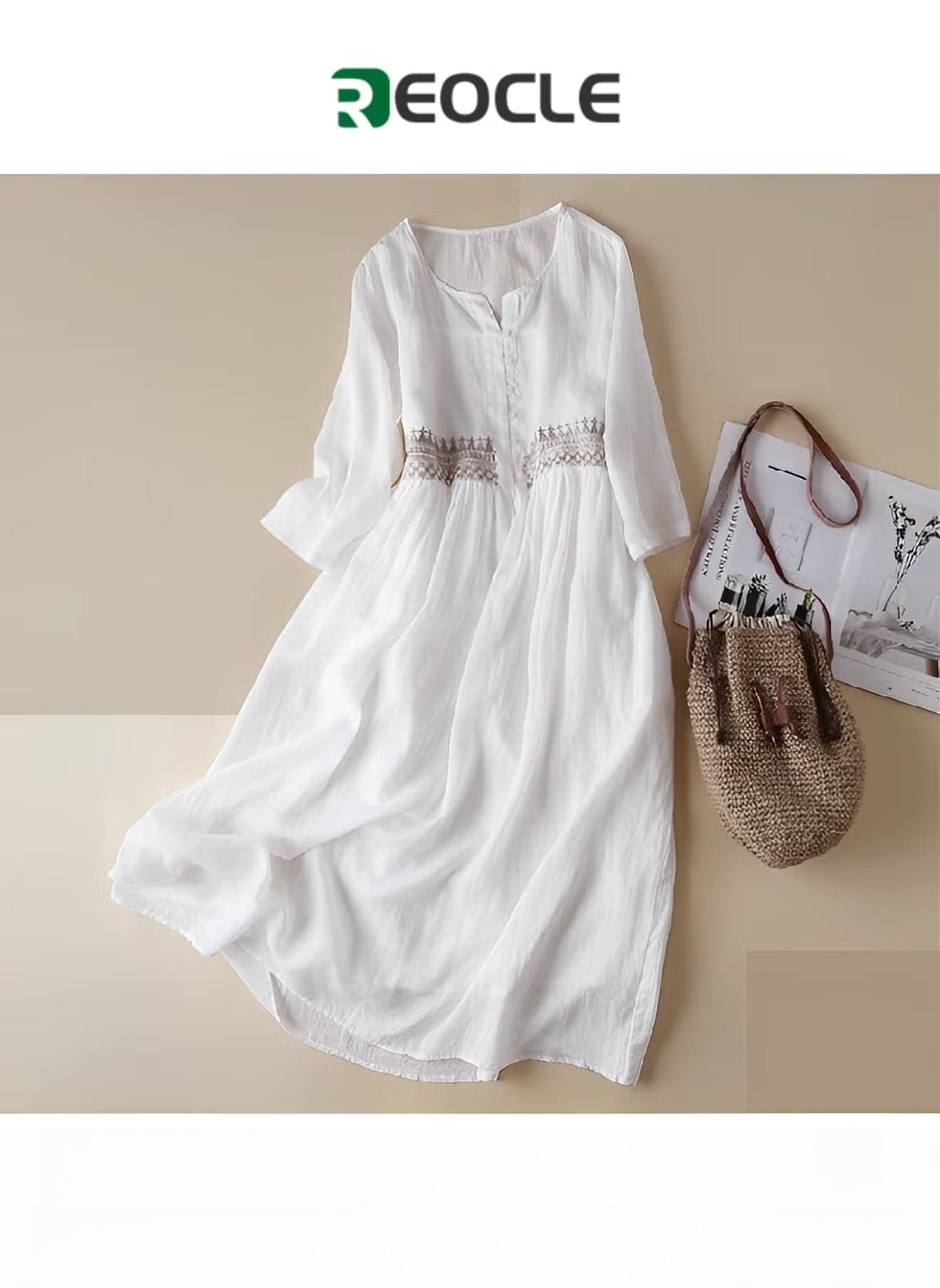 Women's Embroidered Dress Cotton Linen Long Dress V Neck Long Sleeve Floral Midi A-line Dress Flowy Beach Maxi Dress