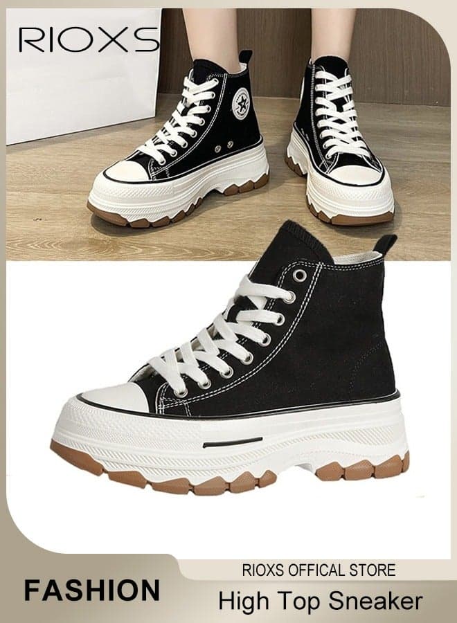 Women's High Top Sneaker, Classic Lace-up Canvas Sneakers, Lightweight Walking Shoes for Women, Fashion Breathable Platform Shoes, Anti-slip Chunky Sneakers for Ladies, Trendy High-Top Silhouette Sneakers, Casual Athlesiure Shoes, for Work Shopping Travelling and Daily Wear, Black Sneakers