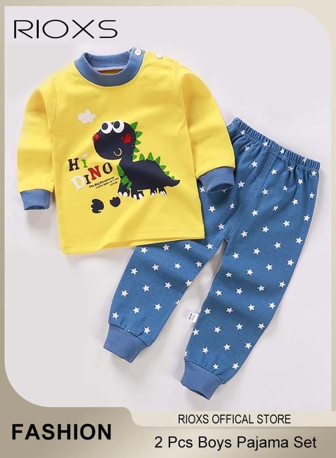 2 Pcs Boys Pajama Set, Adorable Cartoon Dinosaur Cotton Long Sleeve Top and Pants, Soft Comfortable Sleepwear for Kid Boys, Breathable Pure Cotton Nightwear for Toddler Boys, Suitable for Spring and Fall