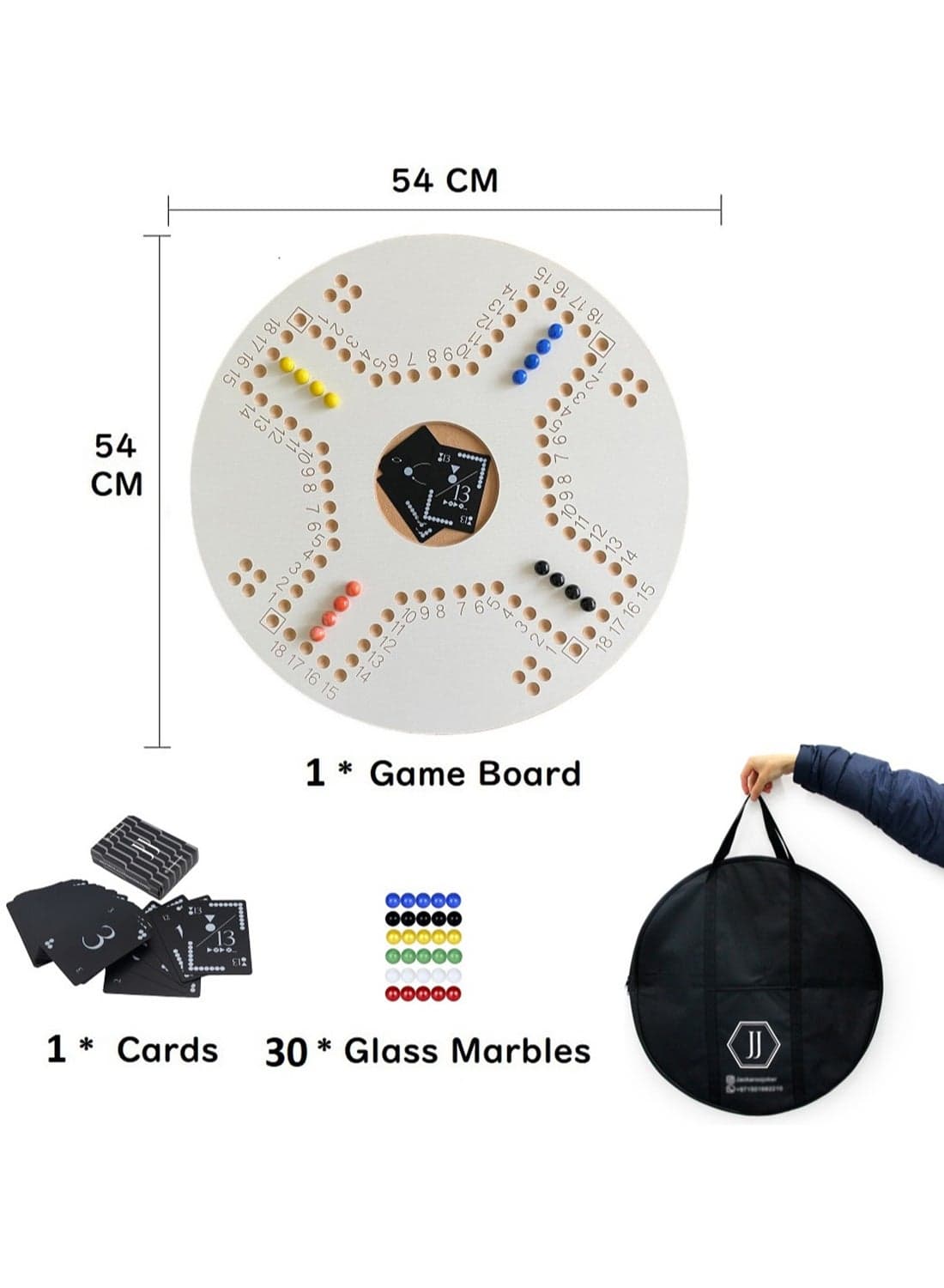 Jackaroo Joker White Circle Board Game For 4 Players Shape Board With Playing Cards, Marble Glass Balls, And Bag 4 Players