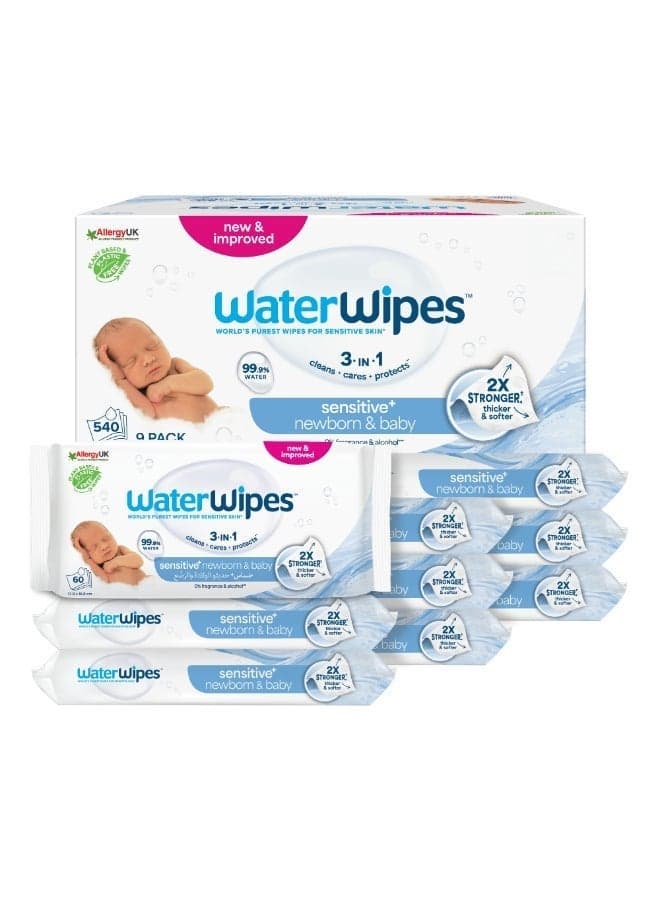 WaterWipes Sensitive+ Newborn & Baby Wipes, 540 Count (9 Packs), 3-In-1 Cleans, Cares, Protects, 99.9% Water, Unscented