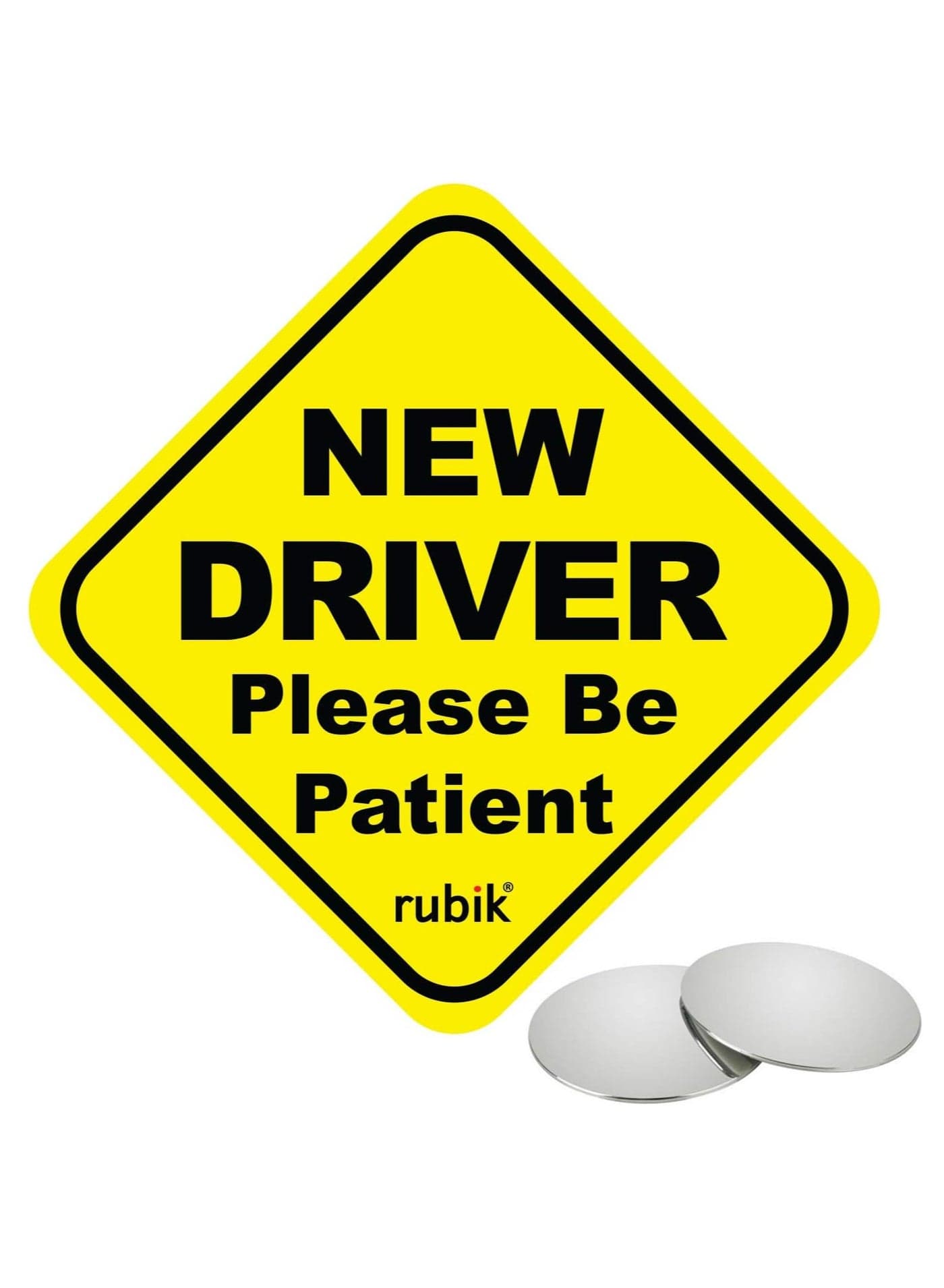 Magnetic New Driver Car Sign Sticker, New Driver Please Be Patient, Highly Reflective Removable and Reusable, with Blind Spot Mirror, for Beginner Car SUV Van Drivers (15x15cm)