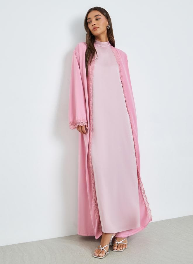 Pink Front Open Abaya with Lace Trim