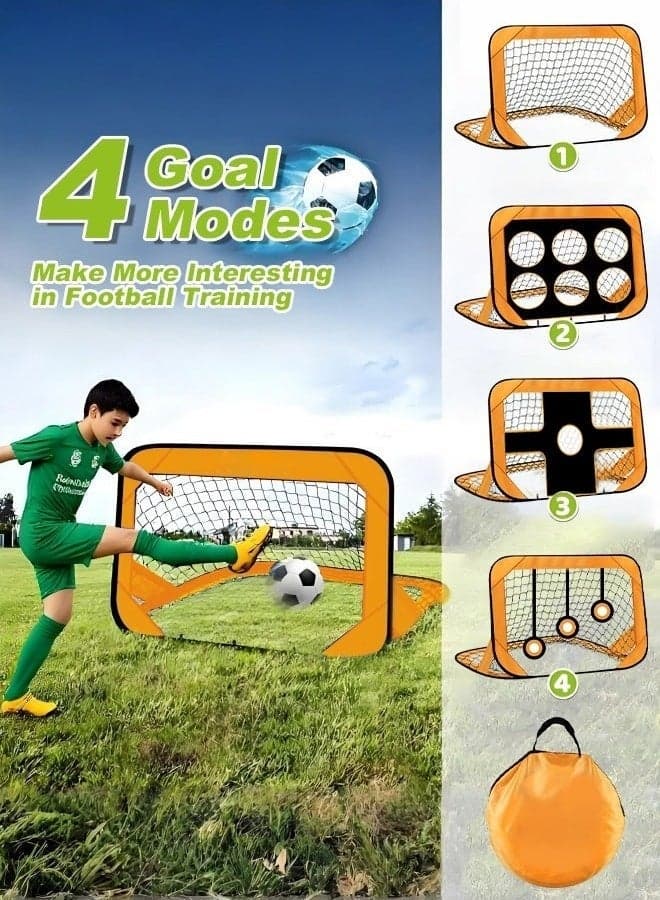 Football Goals for Kids, 4 in 1 Foldable Pop Up Football Goals with Carry Bag Football Goal Posts Portable, Soccer Net Indoor & Outdoor Football Training for Boys Girls, Orange