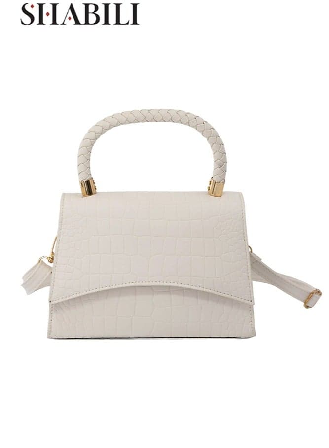 PU Shoulder Bag Handbag Sling Bag for Girls and Ladies, Top Handle Mini Crossbody with Detachable Strap, Lightweight Croc-Embossed, Elegant for Wedding and Work, Versatile Everyday Handbag, White