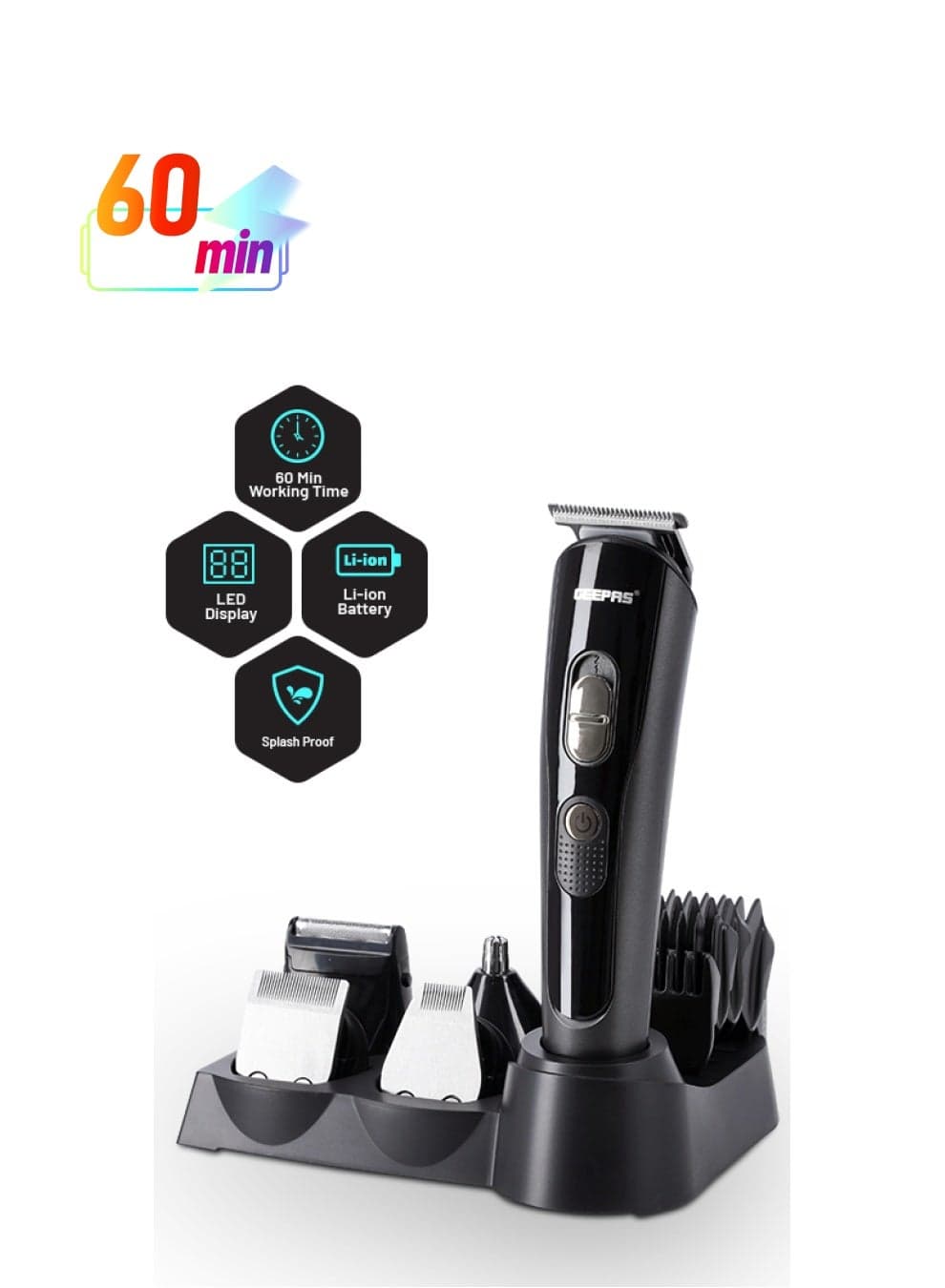 11-in-1 Rechargeable Grooming Set,Hair/ Bread/ Nose/ Ear/ Body Trimmer | 5 Changeable Heads | Li-Ion Battery | 60mins Working Time | LED Display | 4 Combs Attachments Black/Silver
