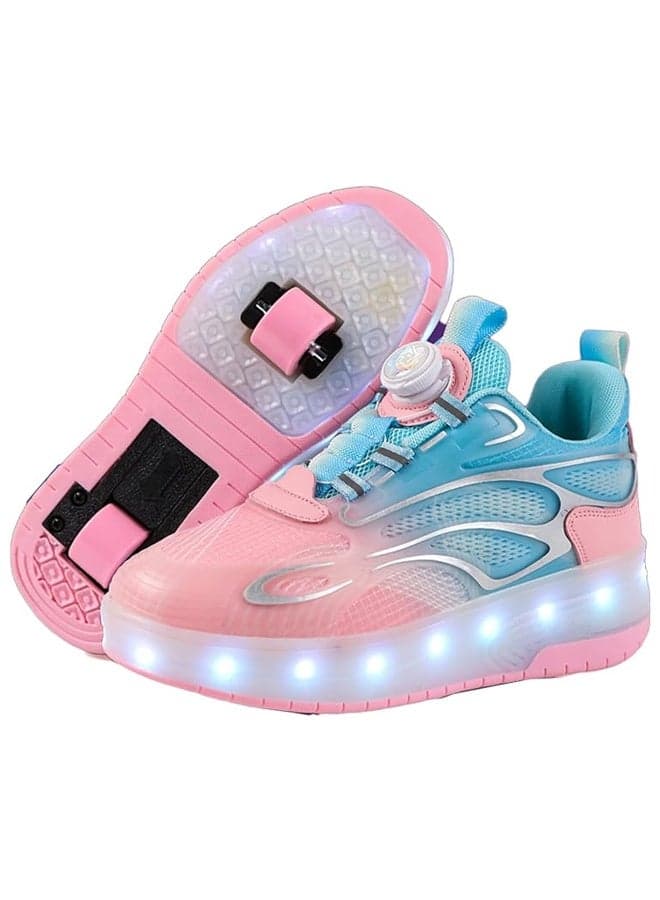 Children's Roller Skates, Sports Shoes With Wheels, Flashing Led Lights, Rechargeable, Suitable For Boys And Girls Beginners, More Balanced, Pink