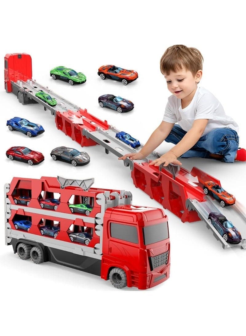 Transport Truck Toy with 6 Cars, Expandable Ejection Race Track Carrier, 1.64M Foldable Storage Deformable Catapult Truck, STEM Vehicle Playset for Kids Ages 3+, Red