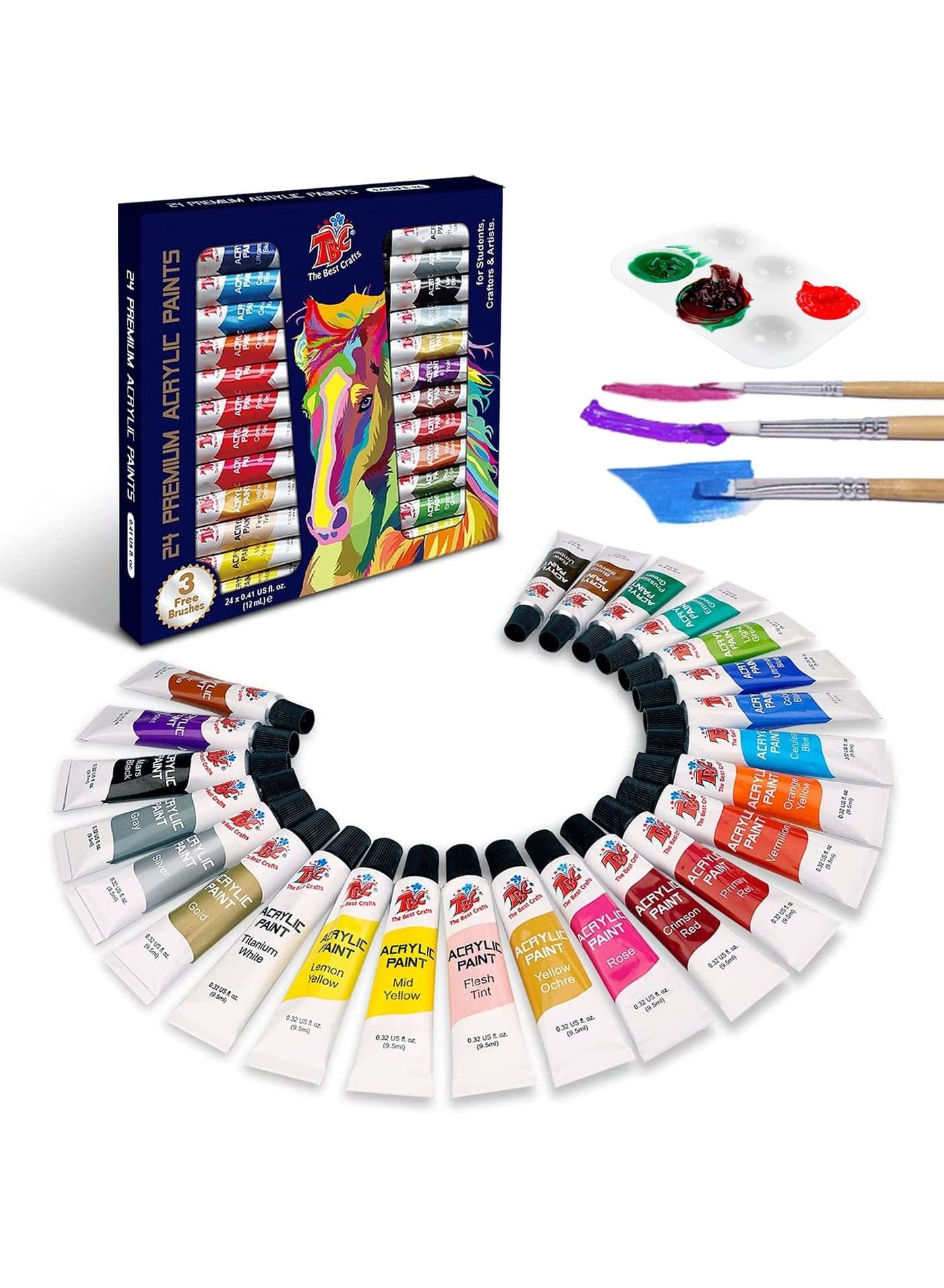 24 Pcs Acrylic Paint Set with 3 Painting Brushes Acrylic Art Set and 6 Slot Paint Palette for Kids & Adults 12ml Tube