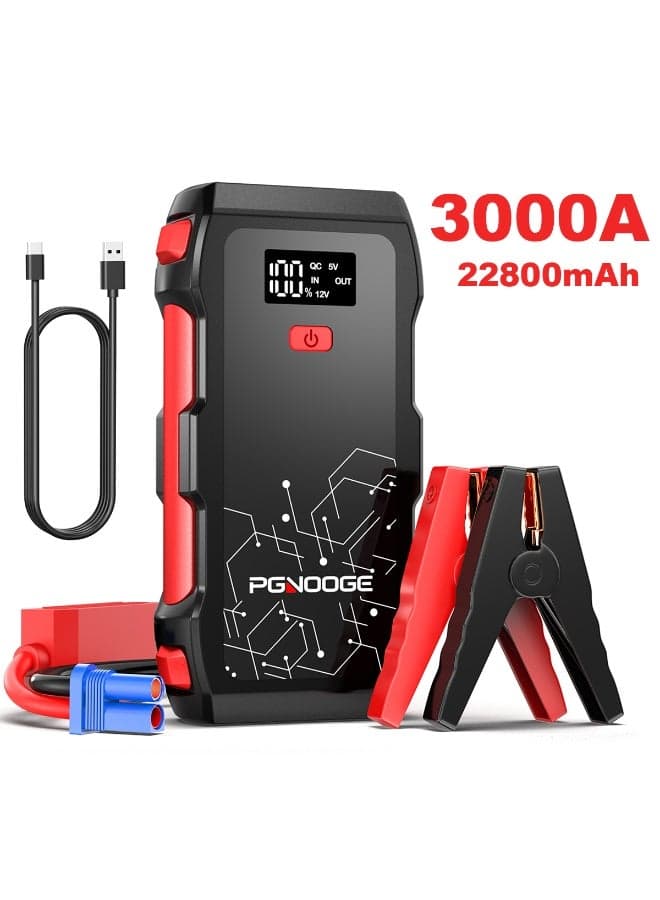 PGNOOGE 3000A Peak Car Jump Starter, 22800mAh High Capacity Battery Booster (up to 8.5L Gas and 6.5L Diesel Engines), 12V Auto Emergency Jumper Starter with Flashlight, LED Display, USB Fast Charging