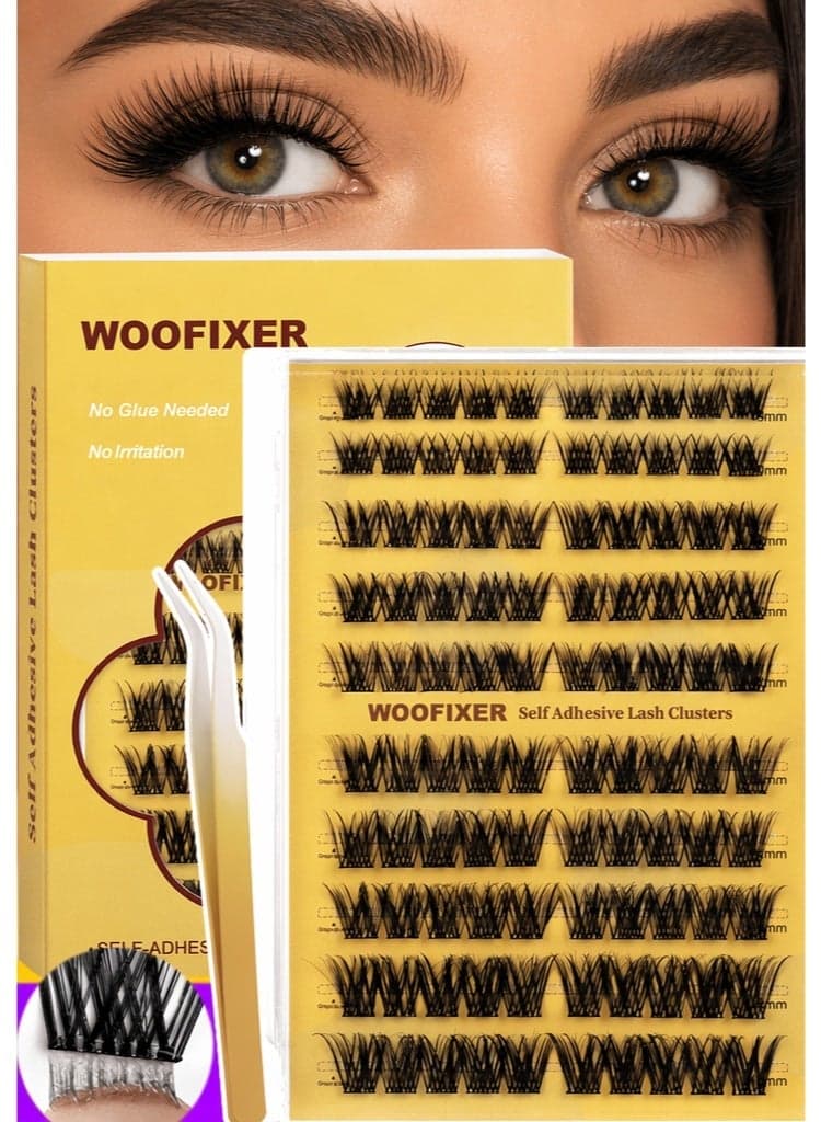 100 PCS Self Adhesive Eyelashes Clusters Kit Lash Clusters DIY False Eyelashes D Curl Pre Glued with Tweezers for Beginners, Press On Glueless Lash Extension Kit 10 to 16mm, No Glue Needed No Remover No Residue