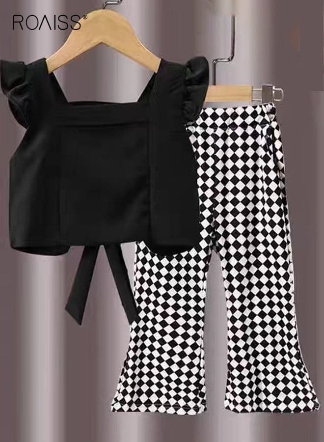 Toddler Girls Camisole and Pants Set, Stylish Summer Outfit with Backless Sleeveless Top and Plaid Flared Pants, 2 Piece Comortable Clothing Set for Little Girls