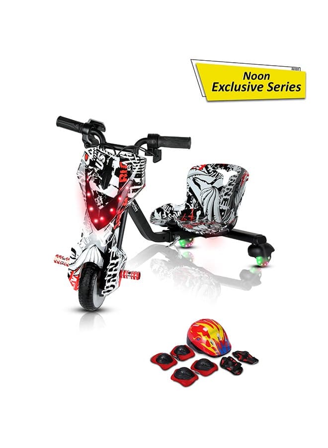 MyToys | Mini 36V High-Power 360° Electric Stunt Drifting Scooter For Kids & Adults - Adjustable Body With Bluetooth & Protective Gear, 3 Speed Modes, 250W Brushless Motor, 8-15 Km/H With 80 Kg Load, Noon Exclusive Series - Black & White Grafitti | Black | Age 6+